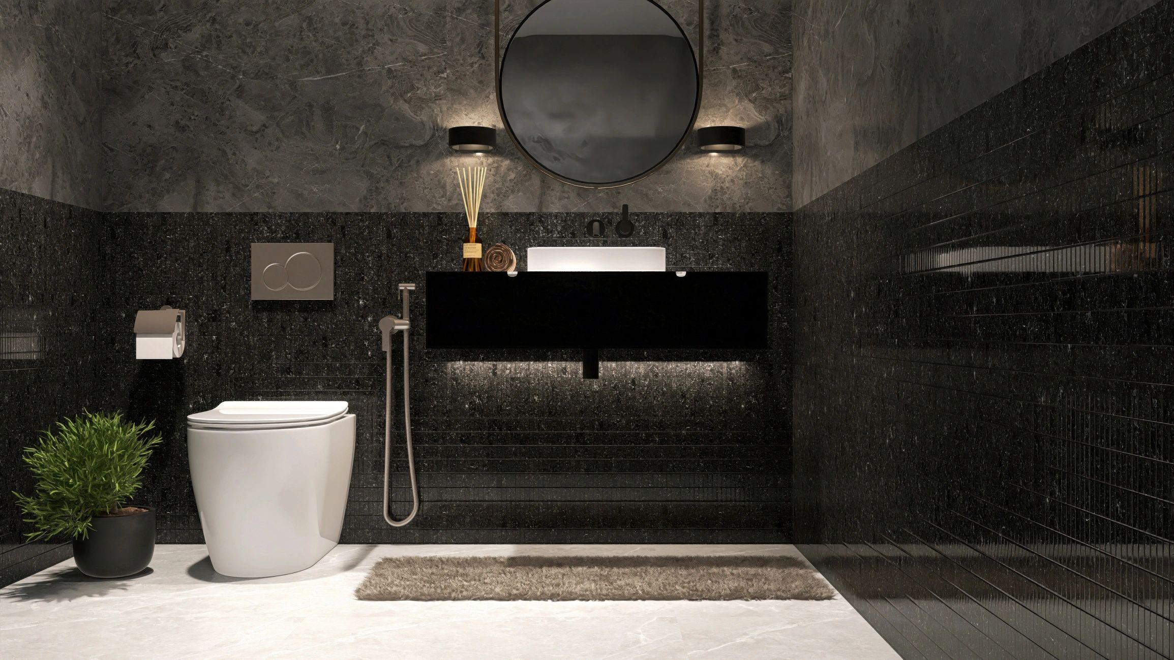 Luxury bathroom with premium plumbing fixtures and dark stone finishes